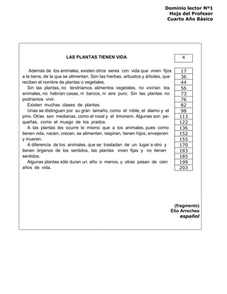 Dominio lector Nº1
Hoja del Profesor
Cuarto Año Básico
LAS PLANTAS TIENEN VIDA 4
Además de los animales, existen otros seres con vida que viven fijos 17
a la tierra, de la que se alimentan. Son las hierbas, arbustos y árboles, que 36
reciben el nombre de plantas o vegetales. 44
Sin las plantas, no tendríamos alimentos vegetales, no vivirían los 56
animales, no habrían casas, ni barcos, ni aire puro. Sin las plantas no 73
podríamos vivir. 76
Existen muchas clases de plantas. 82
Unas se distinguen por su gran tamaño, como el roble, el álamo y el 98
pino. Otras son medianas, como el rosal y el limonero. Algunas son pe- 113
queñas, como el musgo de los prados. 122
A las plantas les ocurre lo mismo que a los animales, pues como 136
tienen vida, nacen, crecen, se alimentan, respiran, tienen hijos, envejecen 152
y mueren. 155
A diferencia de los animales, que se trasladan de un lugar a otro y 170
tienen órganos de los sentidos, las plantas viven fijas y no tienen 183
sentidos. 185
Algunas plantas sólo duran un año o menos, y otras pasan de cien 199
años de vida. 203
(fragmento)
Elio Arrechea
español
 