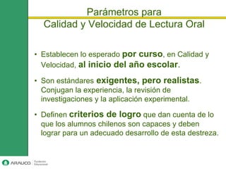 Parámetros para
  Calidad y Velocidad de Lectura Oral

• Establecen lo esperado por curso, en Calidad y
  Velocidad, al inicio del año escolar.

• Son estándares exigentes, pero realistas.
  Conjugan la experiencia, la revisión de
  investigaciones y la aplicación experimental.

• Definen criterios de logro que dan cuenta de lo
  que los alumnos chilenos son capaces y deben
  lograr para un adecuado desarrollo de esta destreza.
 