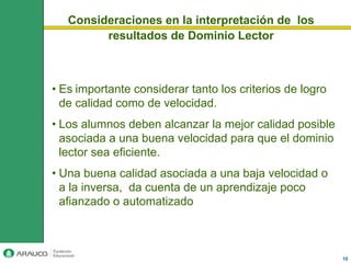 Consideraciones en la interpretación de los
         resultados de Dominio Lector



• Es importante considerar tanto los criterios de logro
  de calidad como de velocidad.
• Los alumnos deben alcanzar la mejor calidad posible
  asociada a una buena velocidad para que el dominio
  lector sea eficiente.
• Una buena calidad asociada a una baja velocidad o
  a la inversa, da cuenta de un aprendizaje poco
  afianzado o automatizado



                                                          10
 