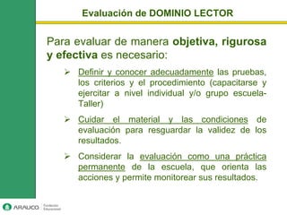 Evaluación de DOMINIO LECTOR

Para evaluar de manera objetiva, rigurosa
y efectiva es necesario:
     Definir y conocer adecuadamente las pruebas,
     los criterios y el procedimiento (capacitarse y
     ejercitar a nivel individual y/o grupo escuela-
     Taller)
     Cuidar el material y las condiciones de
     evaluación para resguardar la validez de los
     resultados.
     Considerar la evaluación como una práctica
     permanente de la escuela, que orienta las
     acciones y permite monitorear sus resultados.
 