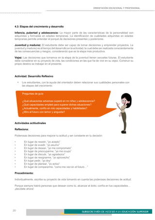 20
ORIENTACIÓN VOCACIONAL Y PROFESIONAL
4.3: Etapas del crecimiento y desarrollo
Infancia, pubertad y adolescencia: La mayor parte de las características de la personalidad son
adquiridas y formadas en edades tempranas. La identificación de cualidades adquiridas en edades
tempranas permite entender el porqué de decisiones presentes y posteriores.
Juventud y madurez: El estudiante debe ser capaz de tomar decisiones y emprender proyectos. La
juventud y madurez es el tiempo del desarrollo en la actividad, la cual debe ser realizada conscientemente
de las consecuencias y riesgos, considerando que es la etapa más productiva.
Vejez: Las decisiones que tomamos en la etapa de la juventud tienen secuelas futuras. El estudiante
debe considerar en su proyecto de vida, las condiciones en las que ha de vivir en su vejez. Construir su
propio destino es trabajar en el presente.
Actividad: Desarrollo Reflexivo
• Los estudiantes, con la ayuda del orientador deben relacionar sus cualidades personales con
las etapas del crecimiento
Preguntas de guía
¿Qué situaciones adversas superé en mi niñez y adolescencia?
¿Qué capacidades empleé para superar dichas situaciones?
¿Actualmente, confío en mis capacidades y habilidades?
¿Miro al futuro con temor y angustia?
Actividades actitudinales
Reflexiona:
Poderosas decisiones para mejorar tu actitud y ser constante en tu decisión:
• En lugar de resistir, “yo acepto”
• En lugar de evadir, “yo asumo”
• En lugar de desear, “yo me comprometo”
• En lugar de preocuparme, “yo me ocupo”
• En lugar de discutir, “yo agradezco”
• En lugar de resignarme, “yo aprovecho”
• En lugar pedir, “yo doy”
• En lugar de planear, “yo actúo”
• En lugar de compararme, “como me veo en el futuro…”
Procedimiento:
Individualmente, escriba su proyecto de vida tomando en cuenta las poderosas decisiones de actitud.
Porque siempre habrá personas que desean como tú, alcanzar el éxito; confía en tus capacidades…
¡decídete ahora!
 