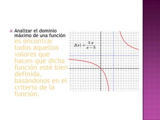    Analizar el dominio
    máximo de una función
    es encontrar
    todos aquellos
    valores que
    hacen que dicha
    función esté bien
    definida,
    basándonos en el
    criterio de la
    función.
 