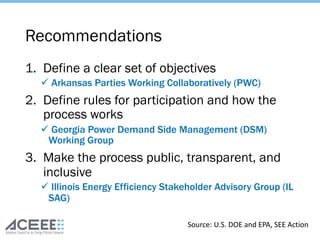 Recommendations
1. Define a clear set of objectives
ü Arkansas Parties Working Collaboratively (PWC)
2. Define rules for participation and how the
process works
ü Georgia Power Demand Side Management (DSM)
Working Group
3. Make the process public, transparent, and
inclusive
ü Illinois Energy Efficiency Stakeholder Advisory Group (IL
SAG)
Source: U.S. DOE and EPA, SEE Action
 