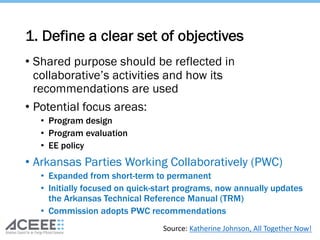 1. Define a clear set of objectives
• Shared purpose should be reflected in
collaborative’s activities and how its
recommendations are used
• Potential focus areas:
• Program design
• Program evaluation
• EE policy
• Arkansas Parties Working Collaboratively (PWC)
• Expanded from short-term to permanent
• Initially focused on quick-start programs, now annually updates
the Arkansas Technical Reference Manual (TRM)
• Commission adopts PWC recommendations
Source: Katherine Johnson, All Together Now!
 