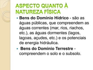  Bens do Domínio Hídrico - são as
águas públicas, que compreendem as
águas correntes (mar, rios, riachos,
etc.), as águas dormentes (lagos,
lagoas, açudes, etc.) e os potenciais
de energia hidráulica.
 Bens do Domínio Terrestre -
compreendem o solo e o subsolo.
 