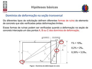 Hipóteses básicas
Domínios de deformação na seção transversal
Os diferentes tipos de solicitação definem diferentes formas de ruína do elemento
de concreto que são verificadas pelas deformações limites.
Essas formas de ruínas podem ser verificadas quando a deformação na seção de
concreto intercepta um dos pontos A, B ou C dos domínios de deformação.
1% = 10‰.
0,2% = 2‰.
0,35% = 3,5‰.
 