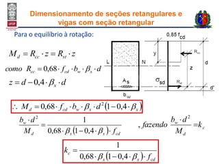 Para o equilíbrio à rotação:
dbfRcomo xwcdcc  68,0
zRzRM stccd 
ddz x  4,0
 xxwcdd dbfM   4,0168,0 2
  cdxxd
w
fM
db



 4,0168,0
12
c
d
w
k
M
db
fazendo 
 2
,
  cdxx
c
f
k


 4,0168,0
1
Dimensionamento de seções retangulares e
vigas com seção retangular
Rst
Rcc
 