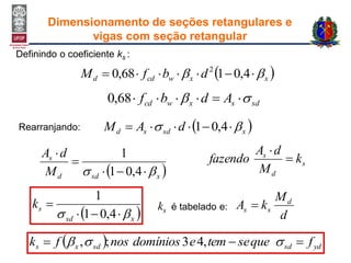 Rearranjando:
sdsxwcd Adbf  68,0
Definindo o coeficiente ks :
 xxwcdd dbfM   4,0168,0 2
 xsdsd dAM   4,01
 xsdd
s
M
dA
 


4,01
1
s
d
s
k
M
dA
fazendo 

 xsd
sk
 

4,01
1
  ydsdsdxs fquesetemedomíniosnosfk   ,43;,
Dimensionamento de seções retangulares e
vigas com seção retangular
ks é tabelado e:
d
M
kA d
ss 
 