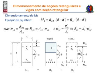 Dimensionamento de M2
)()( '''
22 ddRddRM csst 
sdsst
s
st
sd AR
A
R
mas   22
2
2
C’s
C
M2M1Md
'''
'
'
'
sdscs
s
cs
sd AR
A
R
e  
Equação de equilíbrio:
Dimensionamento de seções retangulares e
vigas com seção retangular
Rcc
Rst1
R’cs
Rst2
 