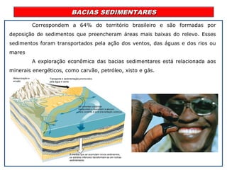 BACIAS SEDIMENTARESBACIAS SEDIMENTARES
Correspondem a 64% do território brasileiro e são formadas por
deposição de sedimentos que preencheram áreas mais baixas do relevo. Esses
sedimentos foram transportados pela ação dos ventos, das águas e dos rios ou
mares
A exploração econômica das bacias sedimentares está relacionada aos
minerais energéticos, como carvão, petróleo, xisto e gás.
 