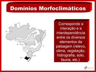 Corresponde a
interação e a
interdependência
entre os diversos
elementos da
paisagem (relevo,
clima, vegetação,
hidrografia, solo,
fauna, etc.)
Domínios Morfoclimáticos
 