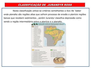 CLASSIFICAÇÃO DE JURANDYR ROSSCLASSIFICAÇÃO DE JURANDYR ROSS
Nesta classificação utiliza-se critérios semelhantes a Aziz Ab´Saber
onde planalto são regiões altas que sofrem processo de erosão e planície regiões
baixas que recebem sedimentos , porém Jurandyr classifica depressão como
sendo a região intermediária entre a planície e o planalto.
 