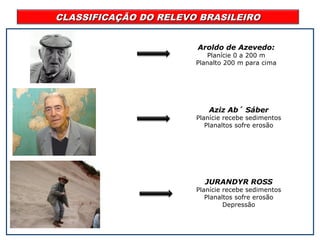 CLASSIFICAÇÃO DO RELEVO BRASILEIROCLASSIFICAÇÃO DO RELEVO BRASILEIRO
Aroldo de Azevedo:
Planície 0 a 200 m
Planalto 200 m para cima
Aziz Ab´ Sáber
Planície recebe sedimentos
Planaltos sofre erosão
JURANDYR ROSS
Planície recebe sedimentos
Planaltos sofre erosão
Depressão
 