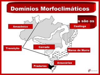Domínios Morfoclimáticos
Quantos e quais são os
Domínios?Amazônico
Cerrado
Pradarias
Araucárias
Mares de Morro
Caatinga
Transição
 