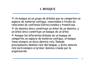 1. BOSQUE
12
 Un bosque es un grupo de árboles que no comparten un
espacio de nombres contiguo, conectados a través de
relaciones de confianza bidireccionales y transitivas.
 Un dominio único constituye un árbol de un dominio, y
un árbol único constituye un bosque de un árbol.
 Aunque los diferentes árboles de un bosque no
comparten un espacio de nombres contiguo, el bosque
tiene siempre un único dominio raíz, llamado
precisamente dominio raíz del bosque, y dicho dominio
raíz será siempre el primer dominio creado por la
organización.
 