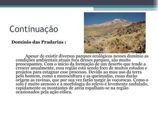 Continuação Domínio das Pradarias : Apesar de existir diversos parques ecológicos nesses domínio as condições ambientais atuais fora desses parques, são muito preocupantes. Com o início da formação de um deserto que tende a crescer anualmente, essa região está sendo foco de muitos estudos e projetos para estagnar esse processo. Devido ao mau uso da terra pelo homem, como a monocultura e as queimadas, essas darão origem as ravinas, que por sua vez farão surgir às voçorocas. Como o solo é muito arenoso e a morfologia do relevo é levemente ondulado, rapidamente os montantes de areia espalham-se na região ocasionados pela ação eólica.  