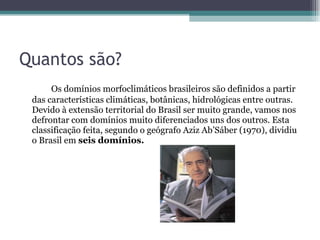 Quantos são? Os domínios morfoclimáticos brasileiros são definidos a partir das características climáticas, botânicas, hidrológicas entre outras. Devido à extensão territorial do Brasil ser muito grande, vamos nos defrontar com domínios muito diferenciados uns dos outros. Esta classificação feita, segundo o geógrafo Aziz Ab’Sáber (1970), dividiu o Brasil em  seis domínios. 
