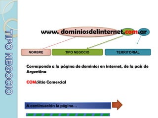 www. dominiosdelinternet.com.arTERRITORIALTIPO NEGOCIONOMBRETIPO NEGOCIOCorresponde a la página de dominios en internet, de la país de ArgentinaCOM:Sitio ComercialA continuación la página…