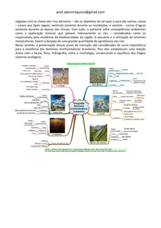 prof.ademiraquino@gmail.com

salgadas com as cheias dos rios; barreiros – são os depósitos de sal após a seca das salinas; caixas
– canais que ligam lagoas, existindo somente durante as inundações; e vazante – cursos d´aguas
existente durante as épocas das chuvas. Com tudo, o pantanal sofre conseqüências ambientais
como a exploração mineral, que poluem intensamente os rios – considerados como os
responsáveis pela existência da biodiversidade da região. A pecuária e a utilização de enormes
monoculturas, fazem o despejo de uma grande quantidade de agrotóxicos aos rios.
Nesse sentido, a preservação dessas zonas de transição são consideradas de suma importância
para a existência dos domínios morfoclimáticos brasileiros. Pois eles estabelecem uma relação
direta com a fauna, flora, hidrografia, clima e morfologia, conservando o equilíbrio dos frágeis
sistemas ecológicos
 