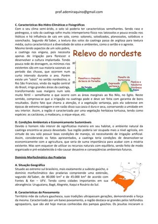 prof.ademiraquino@gmail.com


C. Características Bio-Hidro-Climáticas e Fisiográficas
Com o seu clima semi-árido, o solo só poderia ter características semelhantes. Sendo raso e
pedregoso, o solo da caatinga sofre muito intemperismo físico nos latossolos e pouca erosão nos
litólicos e há influência de sais em solo, como: solonetz, solodizados, planossolos, solódicos e
soonchacks. Segundo Ab´Saber, a textura dos solos da caatinga passa de argilosa para textura
média, outra característica é a diversidade de solos e ambientes, como o sertão e o agreste.
Mesmo tendo aspectos de um solo pobre,
a caatinga nos engana, pois necessita
apenas de irrigação para florescer e
desenvolver a cultura implantada. Tendo
pouca rede de drenagem, os mínimos rios
existentes são em sua maioria sazonais ao
período das chuvas, que ocorrem num
curto intervalo durante o ano. Porém
existe um “oásis” no sertão nordestino, o
Rio São Francisco, vindo da região central
do Brasil, irriga grandes áreas da caatinga,
transformando suas margens num solo
muito fértil – semelhante o que ocorre com as áreas marginais ao Rio Nilo, no Egito. Neste
sentido, comprova-se que a irrigação na caatinga pode e deve ser feita com garantia de bons
resultados. Outro fato que chama a atenção, é a vegetação sertaneja, pois ela sobrevive em
épocas de extrema estiagem e em razão disso sua casca é dura e seca, conservando a umidade em
seu interior. Assim, a região é caracterizada por uma vegetação herbácea tortuosa, tendo como
espécies: as cactáceas, o madacaru, o xique-xique, etc.

D. Condições Ambientais e Economicamente Sustentáveis
Devido o homem não intervir de significativa maneira em seu habitat, o ambiente natural da
caatinga encontra-se pouco devastado. Sua região poderia ser ocupada mais a nível agrícola, em
virtude do seu solo possuir boas condições de manejo, só necessitando de irrigação artificial.
Assim, considerando os fatos apresentados, a caatinga teria condições de desenvolver-se
economicamente com a agricultura, que seria de suma importância para acabar com a miséria
existente. Mas sem esquecer de utilizar os recursos naturais com equilíbrio, sendo feito de modo
organizado e pré-estabelecido à não causar desastres e conseqüências ambientais futuros.

Domínio Morfoclimático das Pradarias

A. Situação Geográfica
Situado ao extremo sul brasileiro, mais exatamente a sudeste gaúcho, o
domínio morfoclimático das pradarias compreende uma extensão,
segundo Ab’Saber, de 80.000 km² e de 45.000 km² de acordo com
Fontes & Ker – UFV. Tendo como cidades importantes em sua
abrangência: Uruguaiana, Bagé, Alegrete, Itaqui e Rosário do Sul.

B. Características do Povoamento
Território mãe da cultura gauchesca, suas tradições ultrapassam gerações, demonstrando a força
da mesma. Caracterizado por um baixo povoamento, a região destaca-se grandes pelos latifúndios
agropastoris, que são até hoje marcas conhecidas dos pampas gaúchos. Os jesuítas iniciaram o
 