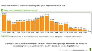 Aula elaborada pela Professora FERNANDA BRUM LOPES - Geografia
Área de desmatamento da floresta amazônica de julho a agosto, no período de 1995 a 2012.
As principais causas do desmatamento na Amazônia têm sido a extração ilegal de madeiras e o avanço das
atividades agropecuárias, especialmente o cultivo de soja e a criação de gado bovino.
 