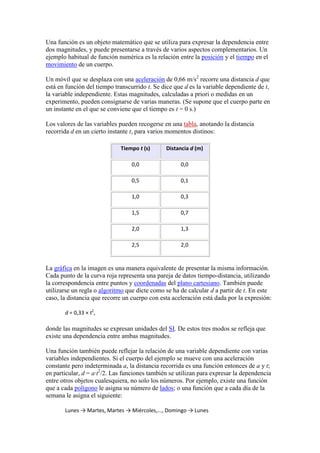 Una función es un objeto matemático que se utiliza para expresar la dependencia entre
dos magnitudes, y puede presentarse a través de varios aspectos complementarios. Un
ejemplo habitual de función numérica es la relación entre la posición y el tiempo en el
movimiento de un cuerpo.

Un móvil que se desplaza con una aceleración de 0,66 m/s2 recorre una distancia d que
está en función del tiempo transcurrido t. Se dice que d es la variable dependiente de t,
la variable independiente. Estas magnitudes, calculadas a priori o medidas en un
experimento, pueden consignarse de varias maneras. (Se supone que el cuerpo parte en
un instante en el que se conviene que el tiempo es t = 0 s.)

Los valores de las variables pueden recogerse en una tabla, anotando la distancia
recorrida d en un cierto instante t, para varios momentos distinos:

                             Tiempo t (s)      Distancia d (m)

                                  0,0                0,0

                                  0,5                0,1

                                  1,0                0,3

                                  1,5                0,7

                                  2,0                1,3

                                  2,5                2,0


La gráfica en la imagen es una manera equivalente de presentar la misma información.
Cada punto de la curva roja representa una pareja de datos tiempo-distancia, utilizando
la correspondencia entre puntos y coordenadas del plano cartesiano. También puede
utilizarse un regla o algoritmo que dicte como se ha de calcular d a partir de t. En este
caso, la distancia que recorre un cuerpo con esta aceleración está dada por la expresión:

       d = 0,33 × t2,

donde las magnitudes se expresan unidades del SI. De estos tres modos se refleja que
existe una dependencia entre ambas magnitudes.

Una función también puede reflejar la relación de una variable dependiente con varias
variables independientes. Si el cuerpo del ejemplo se mueve con una aceleración
constante pero indeterminada a, la distancia recorrida es una función entonces de a y t;
en particular, d = a·t2/2. Las funciones también se utilizan para expresar la dependencia
entre otros objetos cualesquiera, no solo los números. Por ejemplo, existe una función
que a cada polígono le asigna su número de lados; o una función que a cada día de la
semana le asigna el siguiente:

       Lunes → Martes, Martes → Miércoles,..., Domingo → Lunes
 