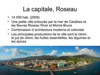 La capitale, Roseau
• 14 000 hab. (2009)
• Une petite ville entourée par la mer de Caraïbes et
les fleuves Roseau River et Morne Bruce
• Combinaison d´architecture moderne et coloniale
• Les principales productions de la ville sont le citron,
le jus de citron, les huiles essentielles, les légumes et
les épices

 