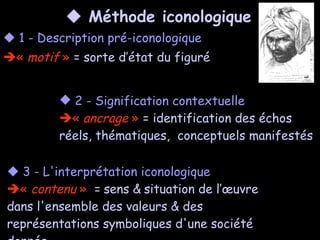    Méthode iconologique    1 - Description pré-iconologique    «  motif  »  = sorte d’état du figuré   <ul><li>2 - Sign...