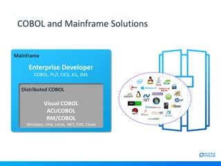 Mainframe
COBOL and Mainframe Solutions
Distributed COBOL
Enterprise Developer
COBOL, PL/I, CICS, JCL, IMS
Visual COBOL
ACUCOBOL
RM/COBOL
Windows, Unix, Linux, .NET, JVM, Cloud
 