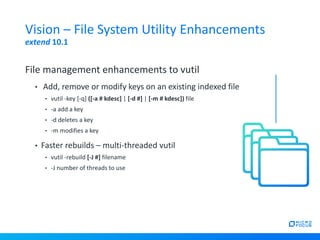File management enhancements to vutil
• Add, remove or modify keys on an existing indexed file
• vutil -key [-q] ([-a # kdesc] | [-d #] | [-m # kdesc]) file
• -a add a key
• -d deletes a key
• -m modifies a key
• Faster rebuilds – multi-threaded vutil
• vutil -rebuild [-J #] filename
• -J number of threads to use
Vision – File System Utility Enhancements
extend 10.1
 