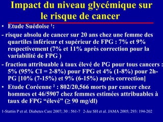 Impact du niveau glycémique sur le risque de cancer  Etude Suédoise  1 :  - risque absolu de cancer sur 20 ans chez une femme des quartiles inférieur et supérieur de FPG : 7% et 9% respectivement (7% et 11% après correction pour la variabilité de FPG ) - fraction attribuable à taux élevé de PG pour tous cancers : 5% (95% CI = 2-8%) pour FPG et 4% (1-8%) pour 2h-PG [10% (7-15%) et 9% (6-15%) après correction] Etude Coréenne  2  : 802/20,566 morts par cancer chez hommes et 46/5907 chez femmes estimées attribuables à taux de FPG “élevé” (≥ 90 mg/dl)  1-Stattin P et al. Diabetes Care 2007; 30 : 561-7 2-Jee SH et al. JAMA 2005; 293: 194-202 