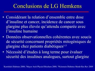 Conclusions de LG Hemkens Considérant la relation d’ensemble entre dose d’insuline et cancer, incidence de cancer sous glargine plus élevée qu’attendu comparée avec l’insuline humaine Données observationnelles cohérentes avec soucis de sécurité concernant propriétés mitogéniques de glargine chez patients diabétiques 1-3 Nécessité d’études à long terme pour évaluer sécurité des insulines analogues, surtout glargine  1 Kurtzhals Diabetes 2000;  2 Mayer Arch Physiol Biochem 2008;  3 Weinstein Diabetes Metab Res Rev 2009 