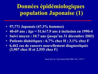 Données épidémiologiques  population Japonaise (1) 97,771 Japonais (47.3% hommes) 40-69 ans ; âge = 51.6 ±7.9 ans à inclusion en 1990-4 Suivi moyen : 10.7 ans (jusqu’au 31 décembre 2003) Patients diabétiques : 6.7% chez H ; 3.1% chez F 6,462 cas de cancers nouvellement diagnostiqués (3,907 chez H et 2,555 chez F) Inoue M et al. Arch Intern Med 2006; 166 : 1871-7 
