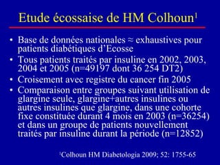 Etude écossaise de HM Colhoun 1 Base de données nationales  ≈ exhaustives pour patients diabétiques d’Ecosse Tous patients traités par insuline en 2002, 2003, 2004 et 2005 (n=49197 dont 36 254 DT2) Croisement avec registre du cancer fin 2005 Comparaison entre  groupes suivant utilisation de glargine seule, glargine+autres insulines ou autres insulines que glargine, dans une cohorte fixe constituée durant 4 mois en 2003 (n=36254) et dans un groupe de patients nouvellement traités par insuline durant la période (n=12852)   1 Colhoun HM Diabetologia 2009; 52: 1755-65 