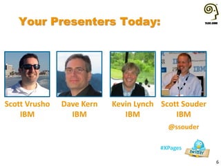 Your Presenters Today:
6
#XPages
Scott Vrusho
IBM
Dave Kern
IBM
Kevin Lynch
IBM
Scott Souder
IBM
@ssouder
 
