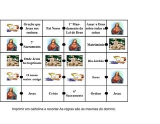 Oração que                  1º Man-    Amar a Deus
        Jesus nos     Pai Nosso   damento da sobre todas as
         ensinou                  Lei de Deus    coisas


           7º
                                                Matrimónio
       Sacramento


       Onde Jesus
                                                Rio Jordão
      foi baptizado


        O nosso
                                                   Jesus
       maior amigo


                                      6º
          Jesus        Cristo                     Ordem          Jesus
                                  Sacramento



Imprimir em cartolina e recortar.As regras são as mesmas do dominó.
 