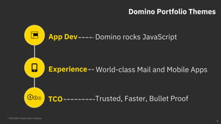 ® 2018 IBM Collaboration Solutions
5
App Dev
Experience
TCO
Domino Portfolio Themes
Domino rocks JavaScript
Trusted, Faste...