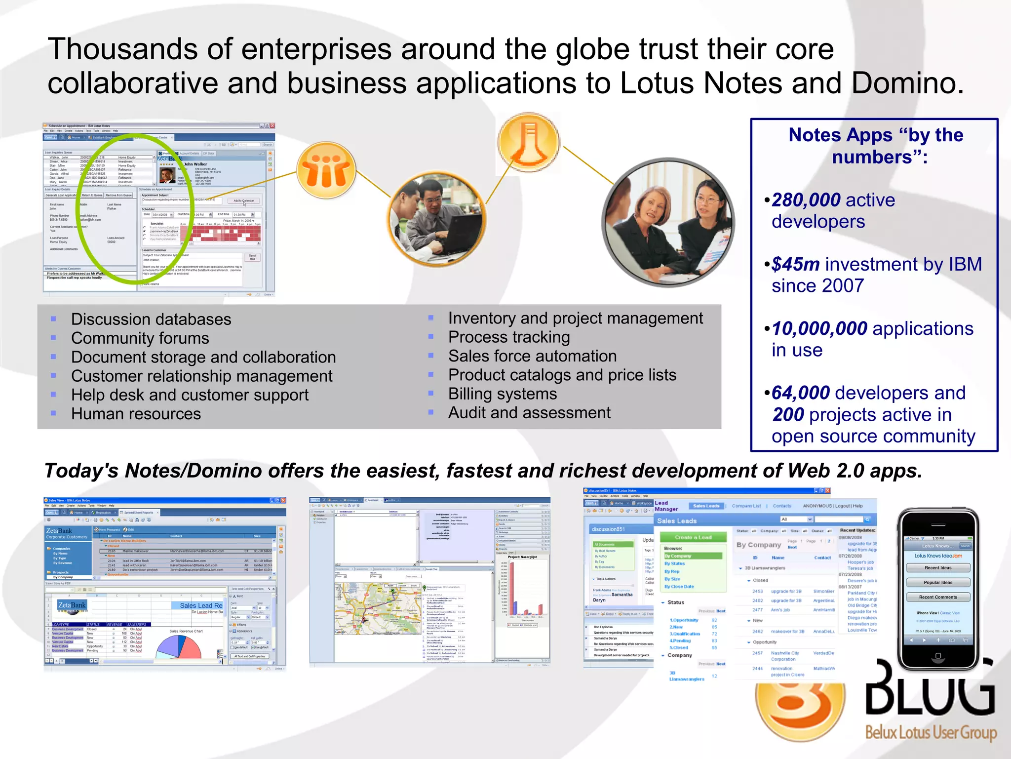 Thousands of enterprises around the globe trust their core
collaborative and business applications to Lotus Notes and Domino.
                                                                                      Notes Apps “by the
                                                                                          numbers”:

                                                                                ●   280,000 active
                                                                                    developers

                                                                                ●   $45m investment by IBM
                                                                                    since 2007
   Discussion databases                    Inventory and project management
   Community forums                        Process tracking
                                                                                ●   10,000,000 applications
   Document storage and collaboration      Sales force automation                 in use
   Customer relationship management        Product catalogs and price lists
   Help desk and customer support          Billing systems                    ●   64,000 developers and
   Human resources                         Audit and assessment                   200 projects active in
                                                                                    open source community
Today's Notes/Domino offers the easiest, fastest and richest development of Web 2.0 apps.
 