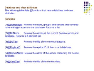 Database and view attributes The following table lists @functions that return database and view attributes. Function (1) @DbManager Returns the users, groups, and servers that currently have manager access to the database. Returns a list. (2) @DbName Returns the names of the current Domino server and database. Returns a 2-element list. (3) @DbTitle Returns the title of the current database. (4) @ReplicaID Returns the replica ID of the current database (5) @ServerName Returns the name of the server containing the current database. (6) @ViewTitle Returns the title of the current view. 