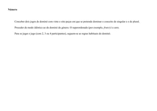 Número

Conceber dois jogos de dominó com vinte e oito peças em que se pretende dominar o conceito de singular e o de plural.
Proceder de modo idêntico ao do dominó do género. O superordenado (por exemplo, fruto) é o zero.
Para se jogar o jogo (com 2, 3 ou 4 participantes), seguem-se as regras habituais do dominó.

 