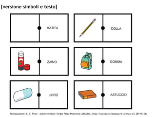 Realizzazione: M. G. Fiore - Autore simboli: Sergio Palao Proprietà: ARASAAC (http://catedu.es/arasaac/) Licenza: CC (BY-NC-SA)
[versione simboli e testo]
 