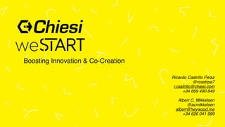 Boosting Innovation & Co-Creation
Ricardo Castrillo Pelaz
@rcastrpe7
r.castrillo@chiesi.com
+34 669 490 849
Albert C. Mikkelsen
@acmikkelsen
albert@heywood.me
+34 626 041 989
 