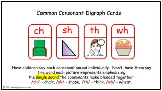 Common Consonant Digraph Cards
ch sh th wh
Have children say each consonant sound individually. Next, have them say
the word each picture represents emphasizing
the single sound the consonants make blended together:
/ch/ - chair, /sh/ - shape, /th/ - think, /wh/ - wheat.
© 2023 reading2success.com
 