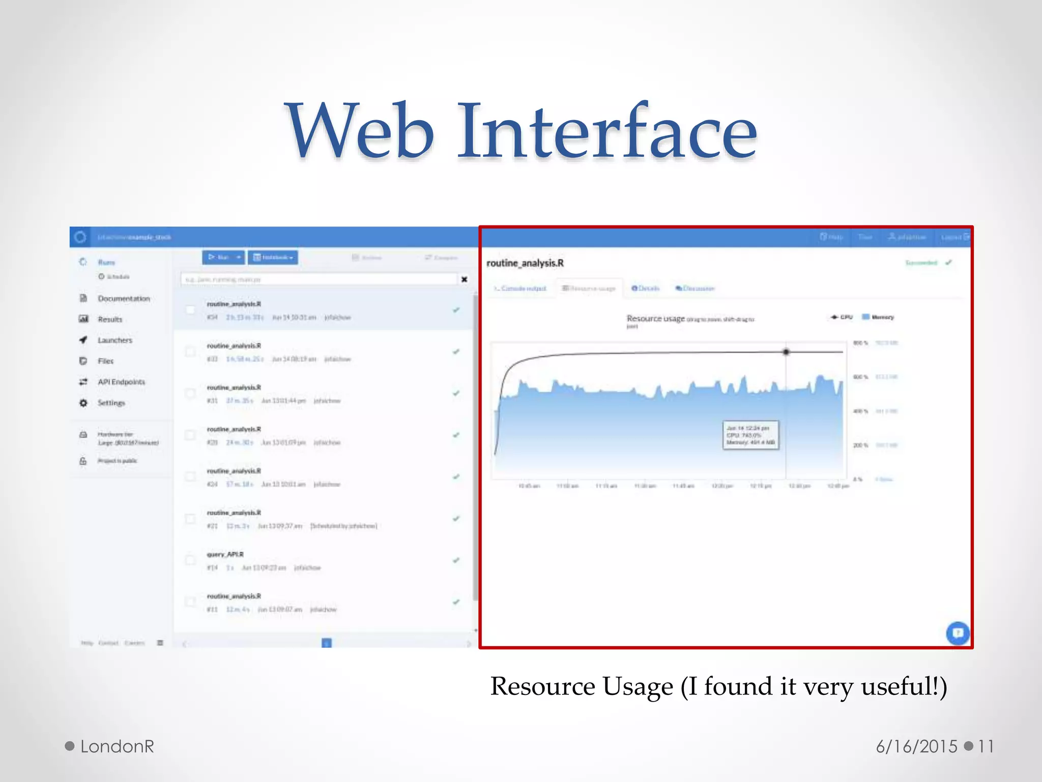 Web Interface
6/16/2015LondonR 11
Resource Usage (I found it very useful!)
 