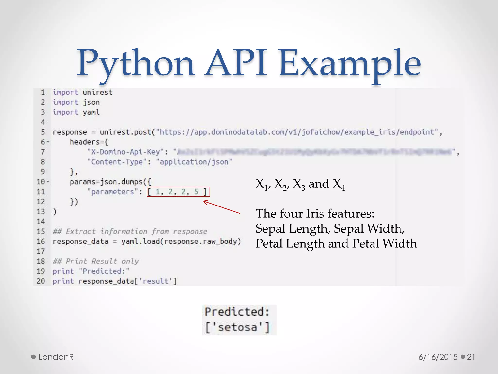 Python API Example
6/16/2015LondonR 21
X1, X2, X3 and X4
The four Iris features:
Sepal Length, Sepal Width,
Petal Length and Petal Width
 