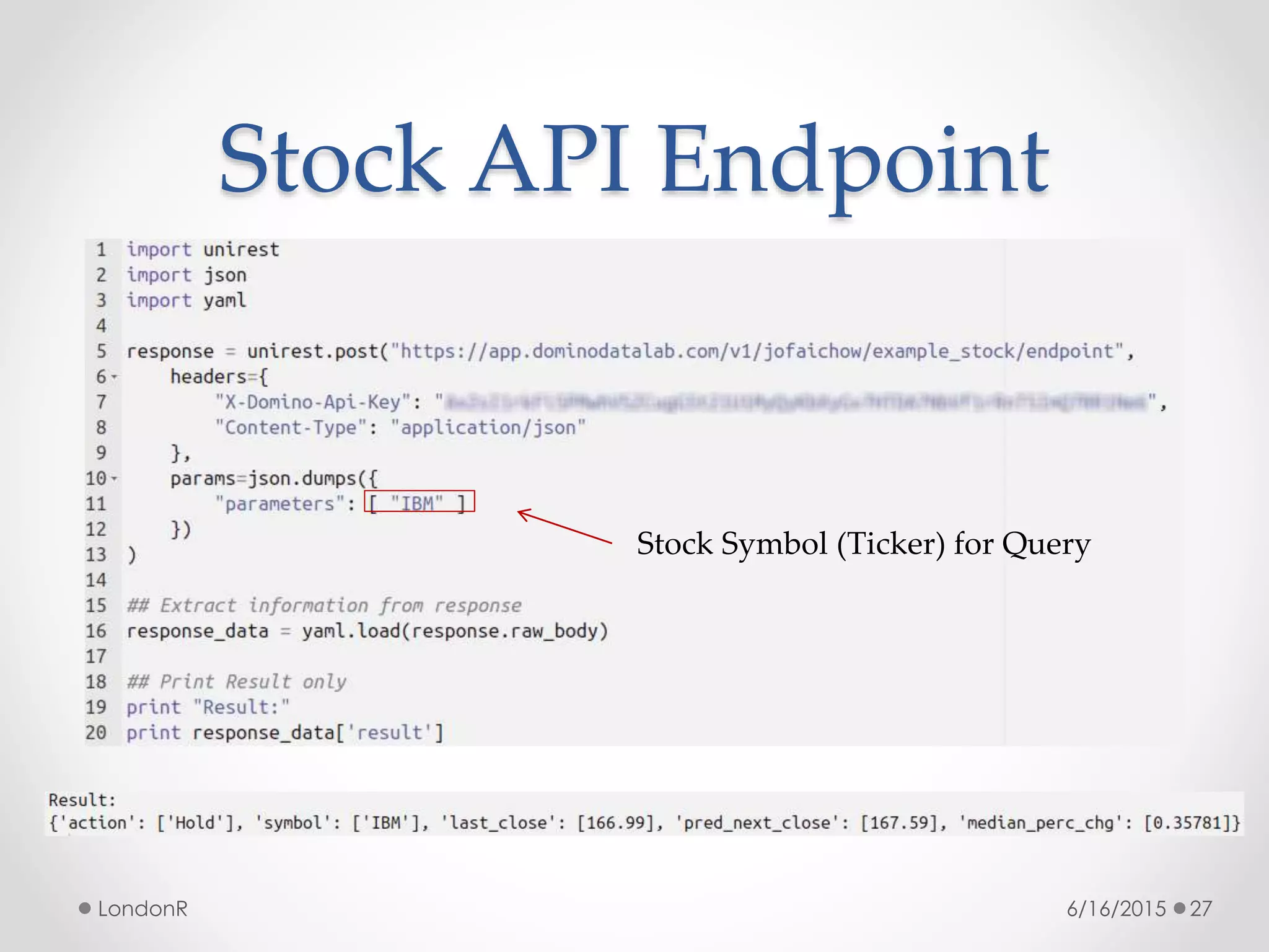 Stock API Endpoint
6/16/2015LondonR 27
Stock Symbol (Ticker) for Query
 