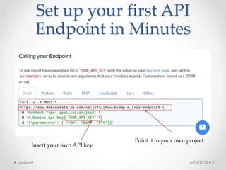 Set up your first API
Endpoint in Minutes
6/16/2015LondonR 31
Point it to your own project
Insert your own API key
 