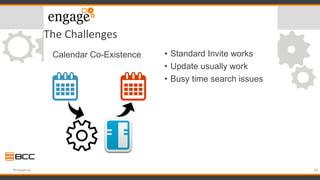 The Challenges
• Standard Invite works
• Update usually work
• Busy time search issues
28#engageug
Calendar Co-Existence
 