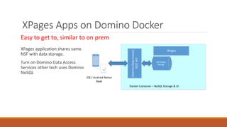 XPages Apps on Domino Docker
XPages application shares same
NSF with data storage.
Turn on Domino Data Access
Services other tech uses Domino
NoSQL
Easy to get to, similar to on prem
iOS / Android Native
Apps
Docker Container – NoSQL Storage & UI
NSF NoSQL
Storage
(DominoDataAccess)
RESTAPI
XPages
 