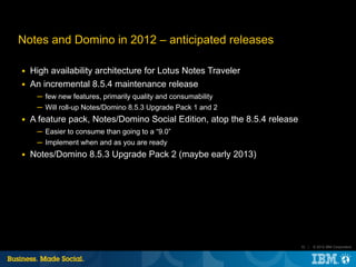 Notes and Domino in 2012 – anticipated releases

■   High availability architecture for Lotus Notes Traveler
■   An incremental 8.5.4 maintenance release
     ─ few new features, primarily quality and consumability
     ─ Will roll-up Notes/Domino 8.5.3 Upgrade Pack 1 and 2
■   A feature pack, Notes/Domino Social Edition, atop the 8.5.4 release
     ─ Easier to consume than going to a “9.0”
     ─ Implement when and as you are ready
■   Notes/Domino 8.5.3 Upgrade Pack 2 (maybe early 2013)




                                                                          10 |   © 2012 IBM Corporation
 